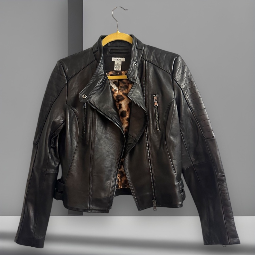 Cache Black Leather Moto Jacket with Leopard Lining
